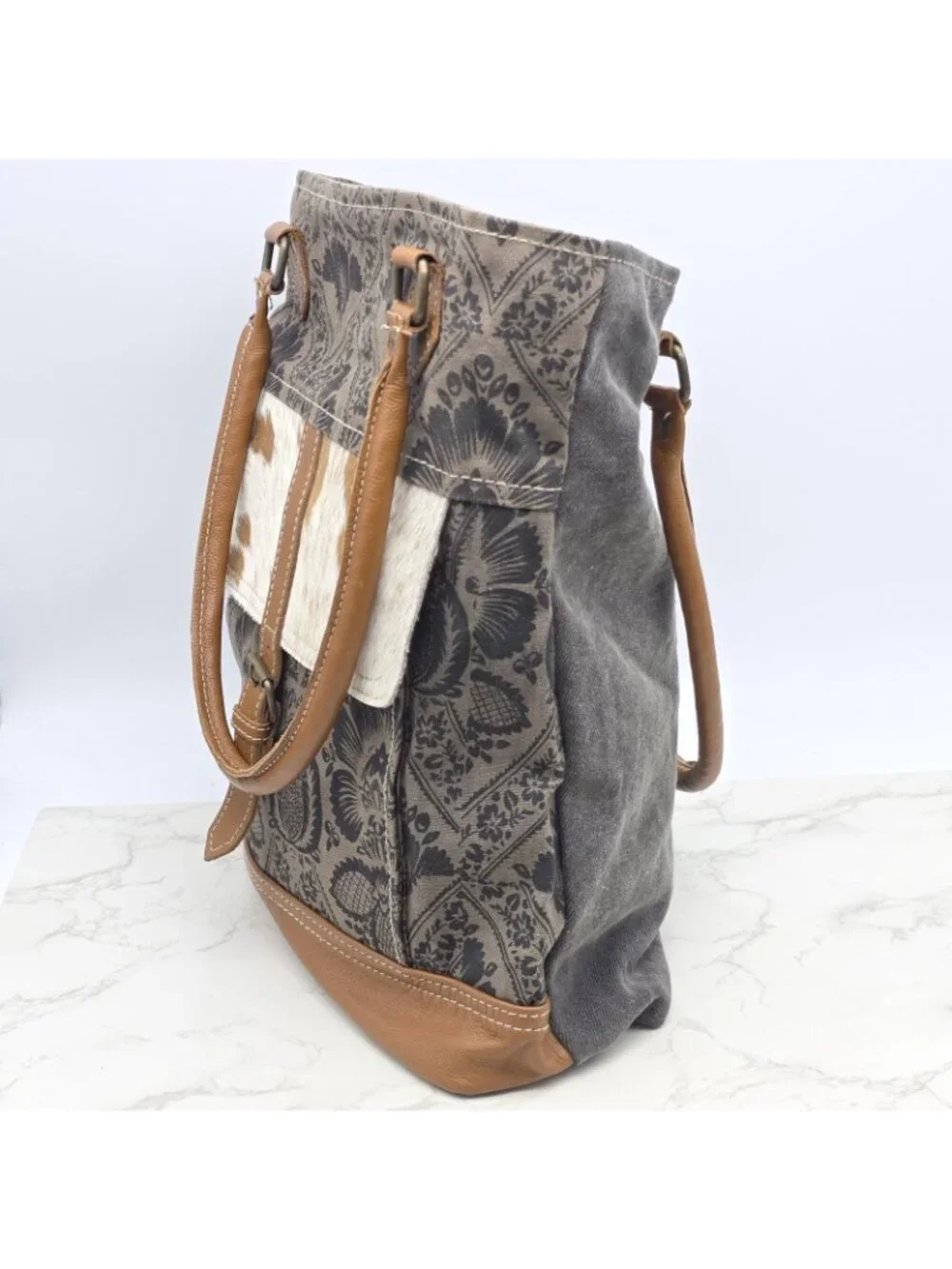 Myra Bag Tote Handbag Womens Brown Canvas Cowhide Leather Floral Western Boho